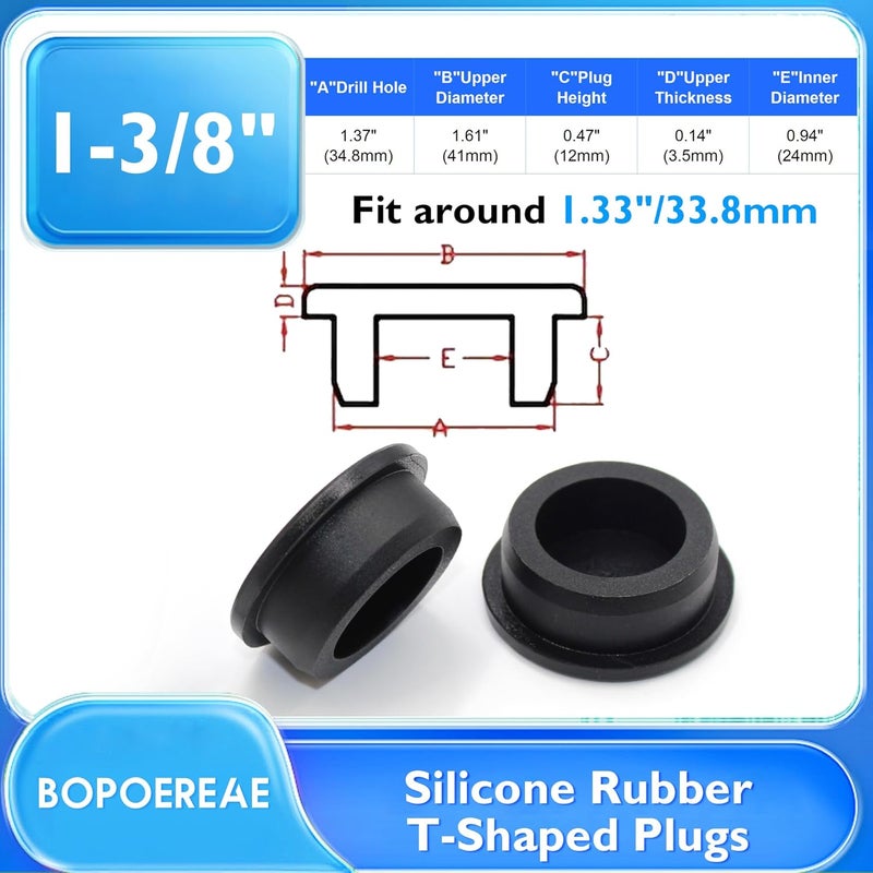 BOPOREAE 4 Pcs 34.8 mm Silicone Rubber Plug for 33.8-34.8 mm/1-5/16-1/3/8 in Round Holes, Waterproof T Type Rubber Stoppers, Soft Flexible Seal Tube Pipe End Caps Inserts Bathtub Jet Covers, Black - Image 2